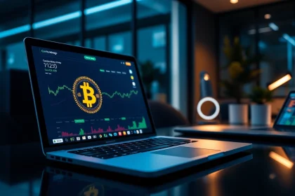 Engaging workspace featuring a crypto mining app interface with Bitcoin graphics.
