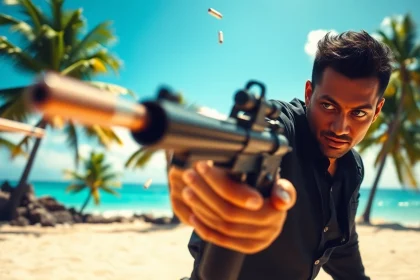 Action-packed moment from Aloha and Bullets featuring Leroy Silver on a tropical beach.
