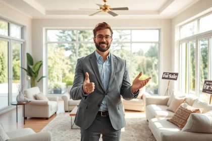 Showcase real estate agent presenting luxury home with bright decor and garden view.