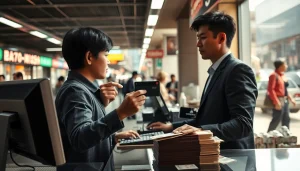 카드깡을 통해 현금을 거래하는 장면을 보여주는 도시 환경의 그림