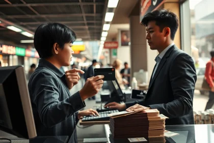 카드깡을 통해 현금을 거래하는 장면을 보여주는 도시 환경의 그림
