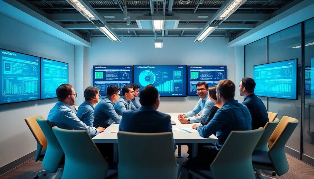 Proxmox Virtualization Experts collaborating in a modern office setting with technology displays.