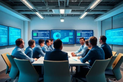 Proxmox Virtualization Experts collaborating in a modern office setting with technology displays.