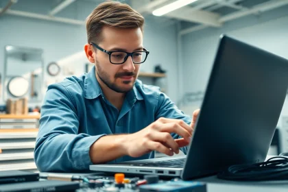Technician performing a computer repair on a laptop in a bright workshop environment.
