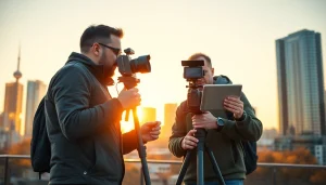 Professional videographers in Toronto collaborating on filming a vibrant cityscape.