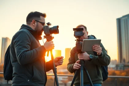 Professional videographers in Toronto collaborating on filming a vibrant cityscape.