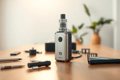 Oxva Vape Gerät stilvoll auf dem Tisch angeordnet mit Zubehör und lebendiger Atmosphäre.
