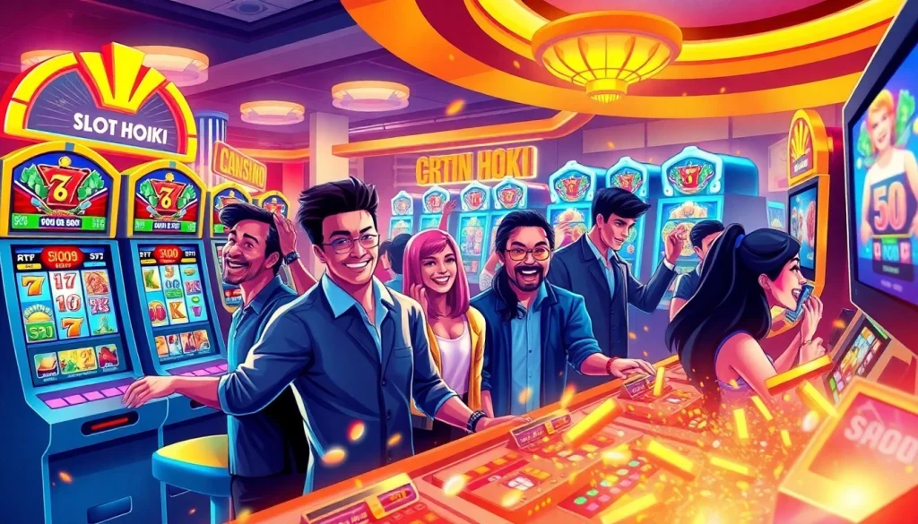 Vibrant scene of players enjoying slot hoki games in an online casino atmosphere, showcasing excitement and luxury.