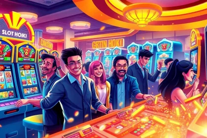 Vibrant scene of players enjoying slot hoki games in an online casino atmosphere, showcasing excitement and luxury.