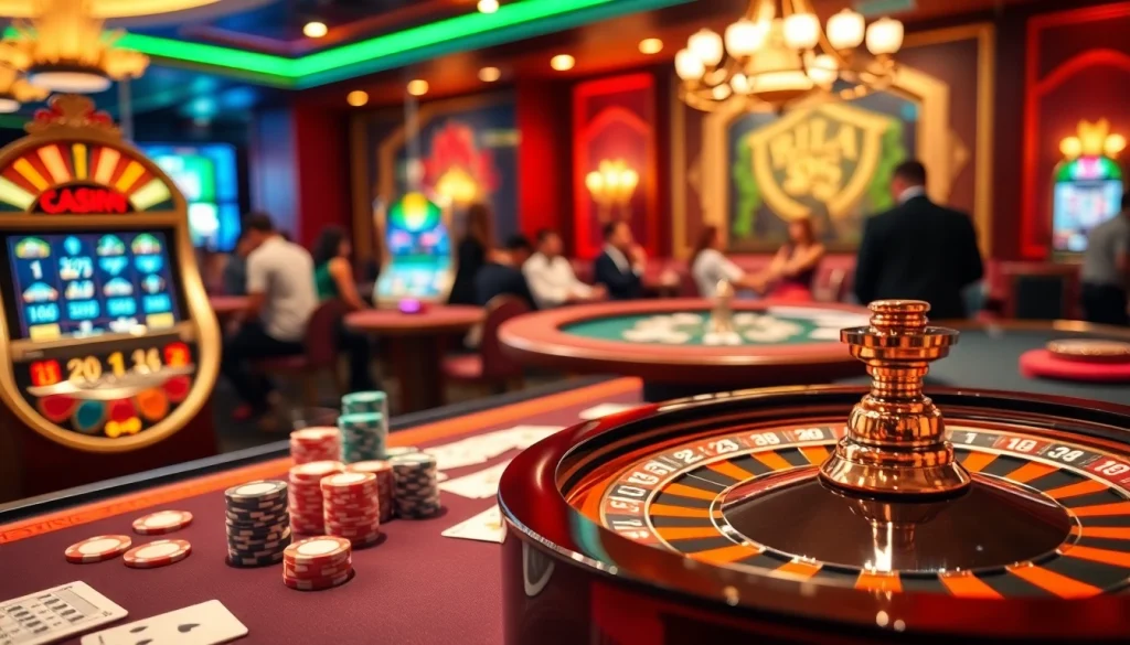 Experience thrilling gameplay at https://mm88.team/ with vibrant poker chips, cards, and a roulette wheel.