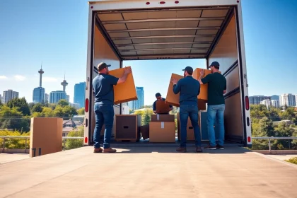 Team of movers working diligently for a moving company Vancouver amidst a scenic city backdrop.