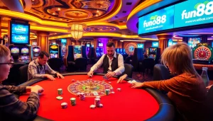 Experience the excitement of a casino with the Fun88 link at a vibrant poker game.