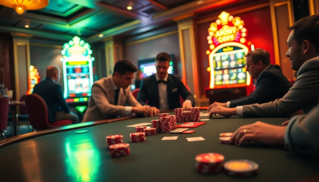 Experience the thrill of RR88 Gratis with players at a luxurious poker table surrounded by vibrant slot machines.