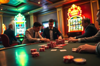 Experience the thrill of RR88 Gratis with players at a luxurious poker table surrounded by vibrant slot machines.