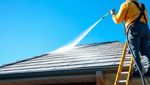 Roof cleaning in progress, showcasing professionals using eco-friendly techniques for a spotless finish.