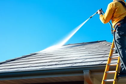 Roof cleaning in progress, showcasing professionals using eco-friendly techniques for a spotless finish.