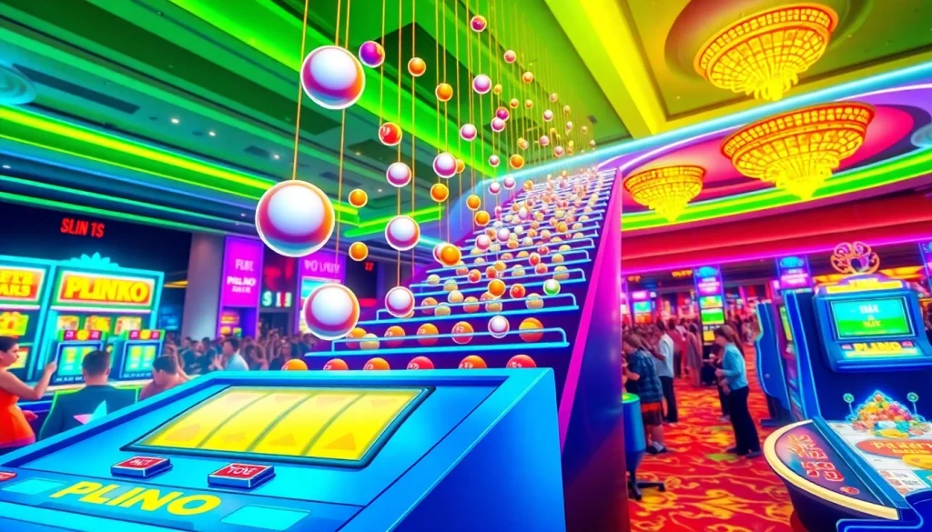 Permainan plinko slot dengan bola jatuh dan antusiasme para pemain di kasino.