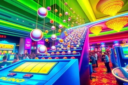 Permainan plinko slot dengan bola jatuh dan antusiasme para pemain di kasino.