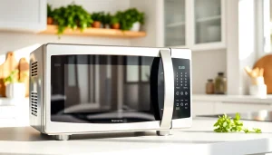 Efficient affordable microwave oven in a contemporary kitchen setting with natural light.