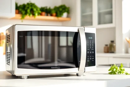 Efficient affordable microwave oven in a contemporary kitchen setting with natural light.