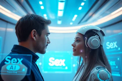 Engaging interaction with a futuristic sex AI chatbot in a modern digital setting.