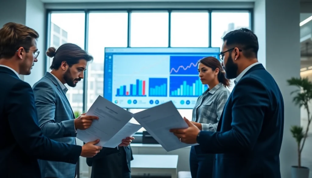 Engaged team discussing Contract Management in a modern office setting with digital tools.