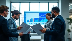 Engaged team discussing Contract Management in a modern office setting with digital tools.