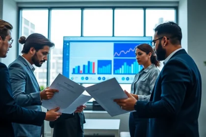 Engaged team discussing Contract Management in a modern office setting with digital tools.