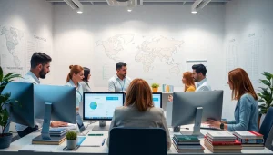 Espace de travail d'une agence de traduction professionnelle illustrant une collaboration variée et des documents multilingues.