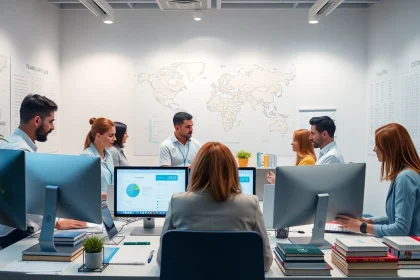 Espace de travail d'une agence de traduction professionnelle illustrant une collaboration variée et des documents multilingues.