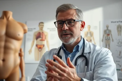 Health expert demonstrates visceral fat analysis with anatomical models in a bright clinic.