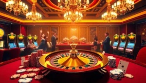 Excited gamblers enjoying a luxurious gaming experience at https://xx88.us/ casino tables with roulette and poker chips.