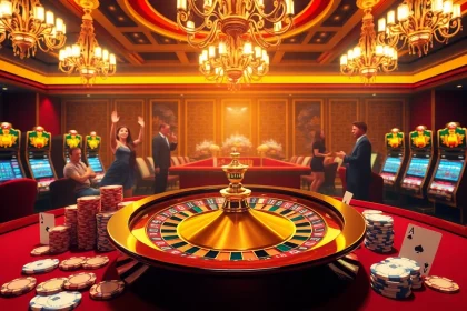 Excited gamblers enjoying a luxurious gaming experience at https://xx88.us/ casino tables with roulette and poker chips.