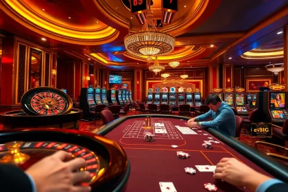 Experience the thrill of playing at ev88 with poker chips, cards, and a vibrant casino atmosphere.