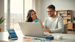 스타일리시한 홈 오피스에서 온라인으로 상품권신용카드 쇼핑을 하는 커플.