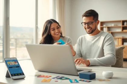 스타일리시한 홈 오피스에서 온라인으로 상품권신용카드 쇼핑을 하는 커플.