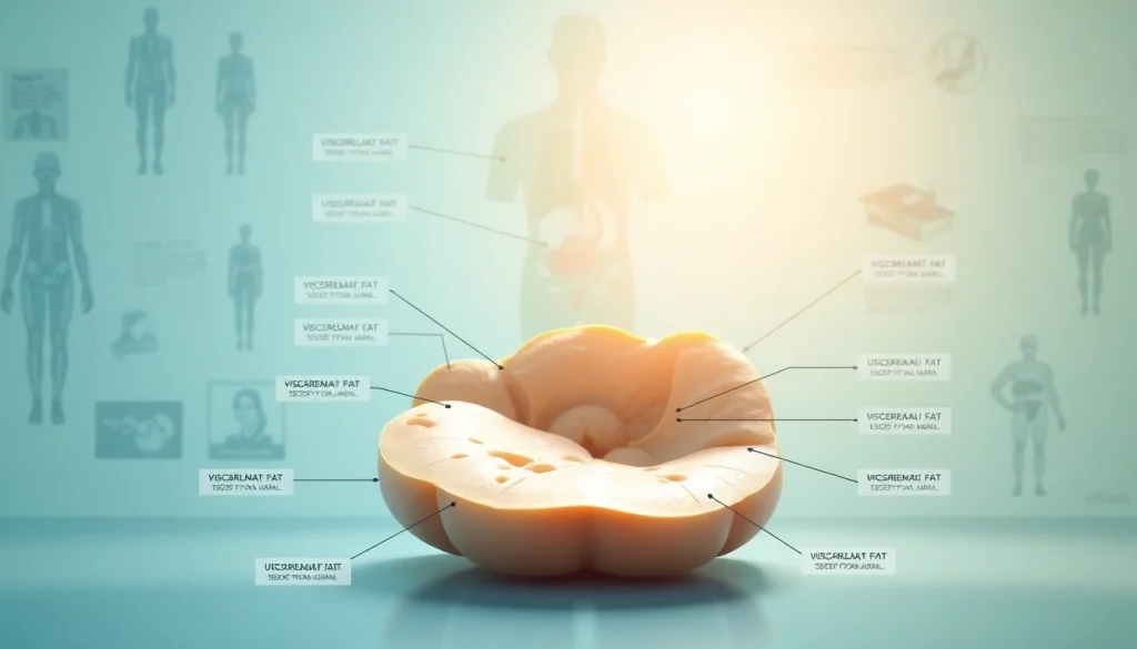 Illustration detailing visceral fat around abdominal organs, highlighting health implications and anatomical aspects.