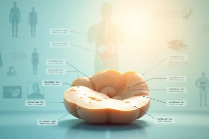 Illustration detailing visceral fat around abdominal organs, highlighting health implications and anatomical aspects.