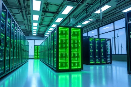 Innovative cloud mining facility for dogecoin cloud mining with advanced servers and renewable energy.