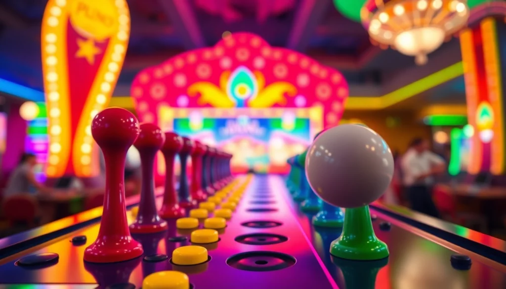 Permainan situs plinko menunjukkan bola jatuh dengan warna-warna cerah dan suasana yang ramai.