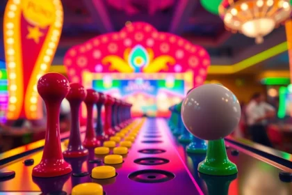 Permainan situs plinko menunjukkan bola jatuh dengan warna-warna cerah dan suasana yang ramai.