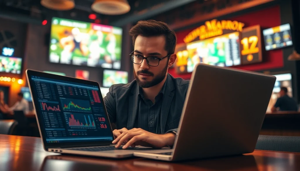 Analyze sports betting sites Alabama with a focused gambler and lively sports bar backdrop.