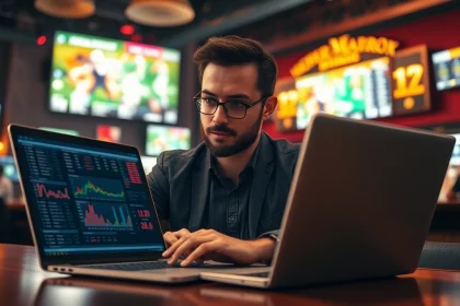 Analyze sports betting sites Alabama with a focused gambler and lively sports bar backdrop.