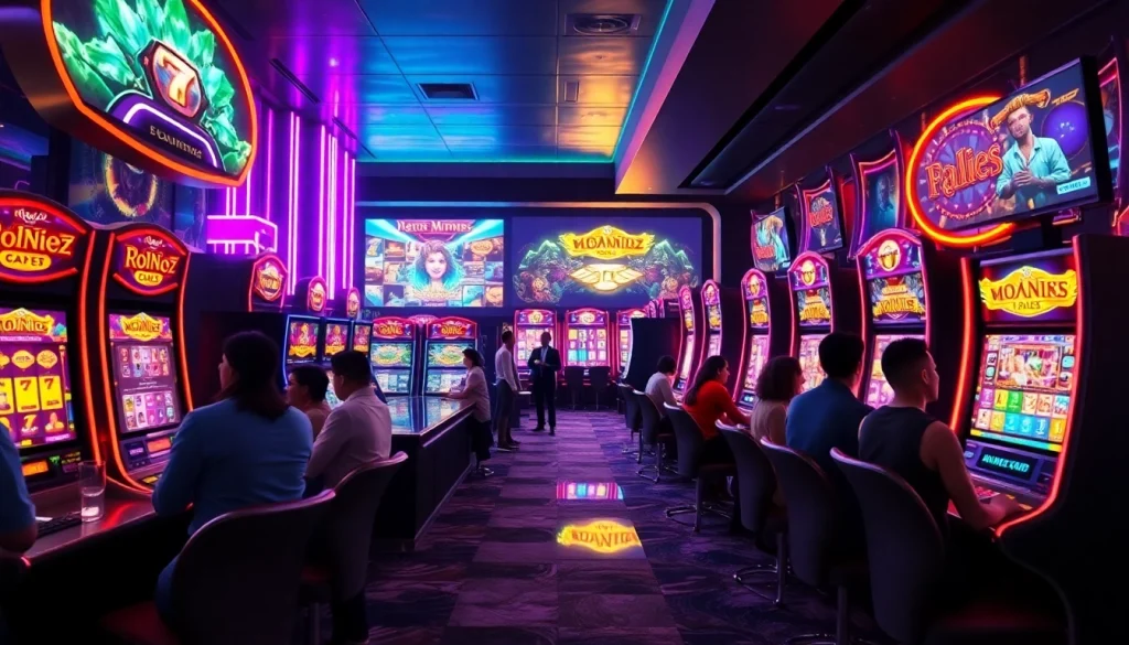 Vibrant gaming scene showcasing Kode4d slot machines with energetic players and colorful lighting.