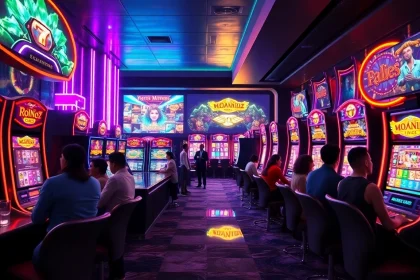 Vibrant gaming scene showcasing Kode4d slot machines with energetic players and colorful lighting.