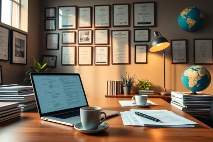 Cozy translator's workspace showcasing authorized translation documents and certificates.