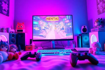hentai game vibrant gaming setup with anime aesthetics and rich colors