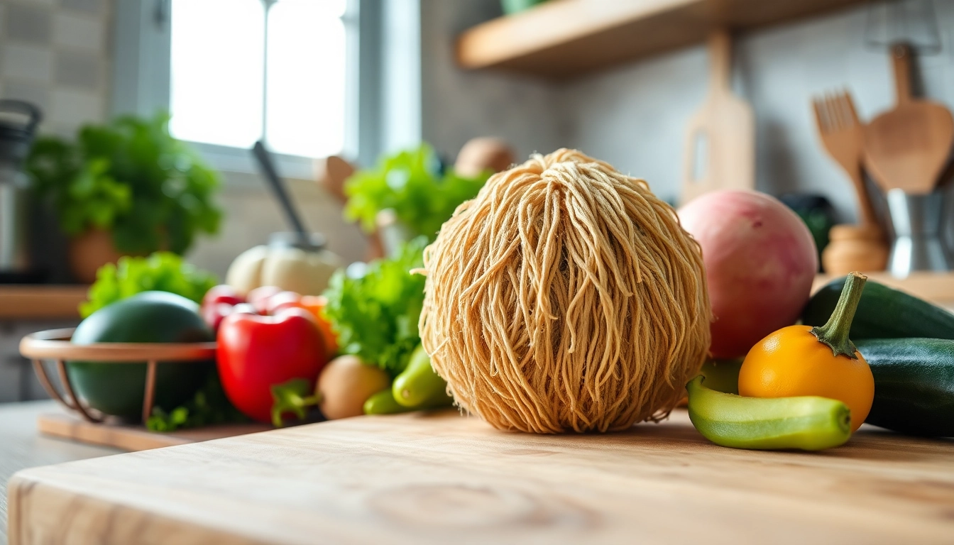 Offering a kitchen loofah with fresh vegetables in a rustic kitchen setting