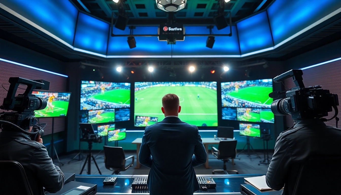 Dynamic sports broadcasting scene featuring a presenter and live event coverage.