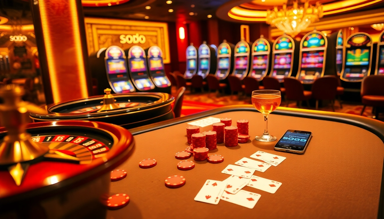 SODO casino scene with vibrant poker action and luxurious roulette wheel gleaming under golden lights.